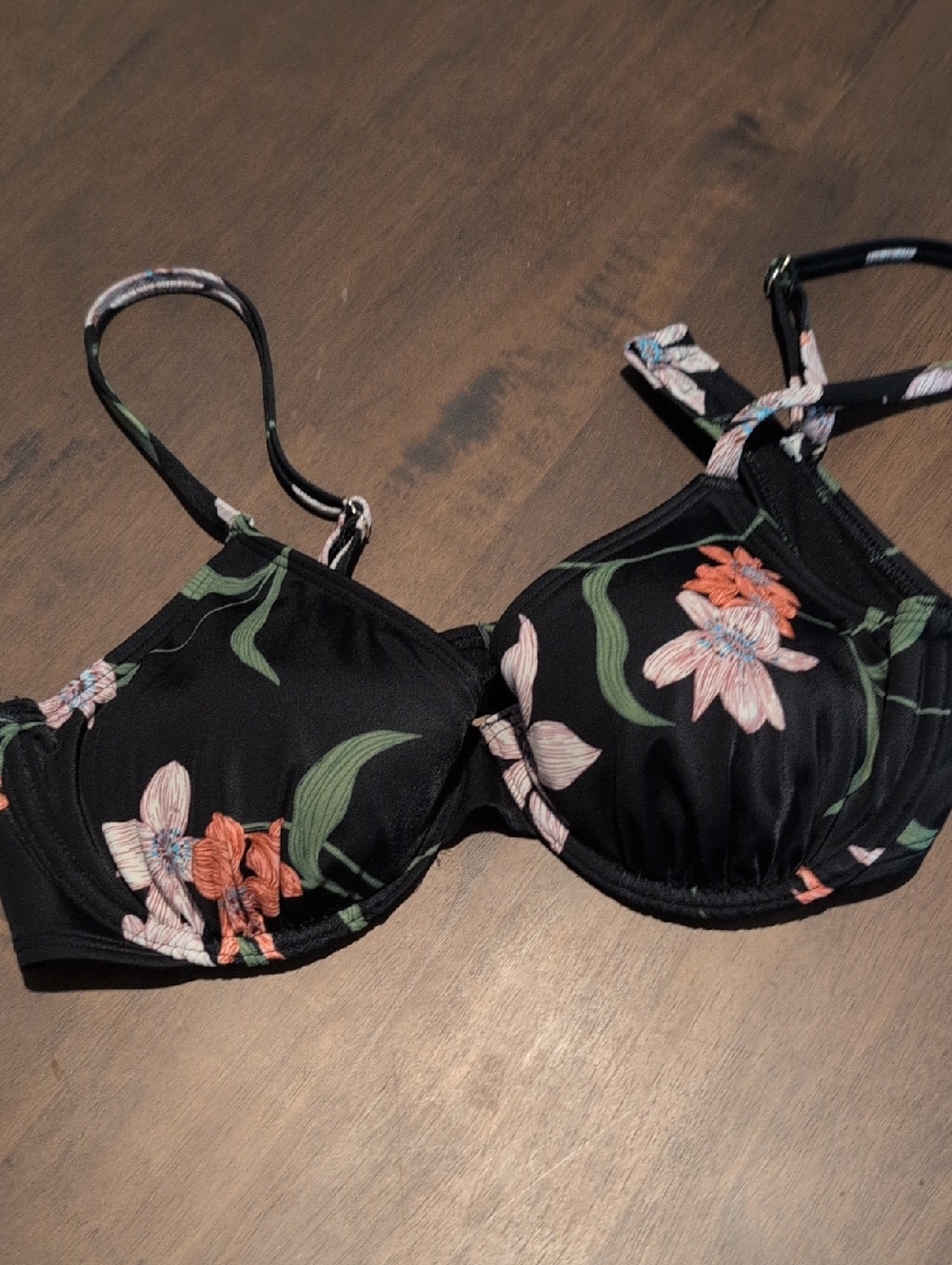 Shade & Shore Black Floral Underwire Swim Bra with Pink & Coral Flowers